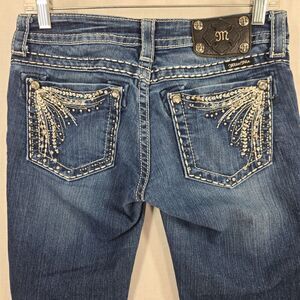 Y2K Miss Me Jeans Size 27 Bootcut Medium Wash Rhinestone Pocket Low Rise Stretch